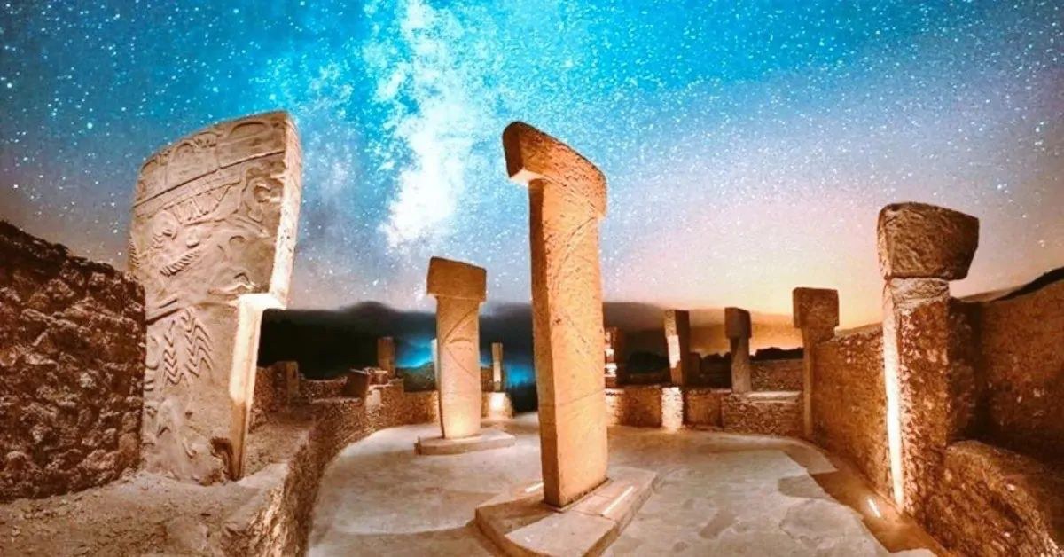 Die beleuchteten T-Pfeiler von Göbekli Tepe bei Nacht, darüber die Milchstraße