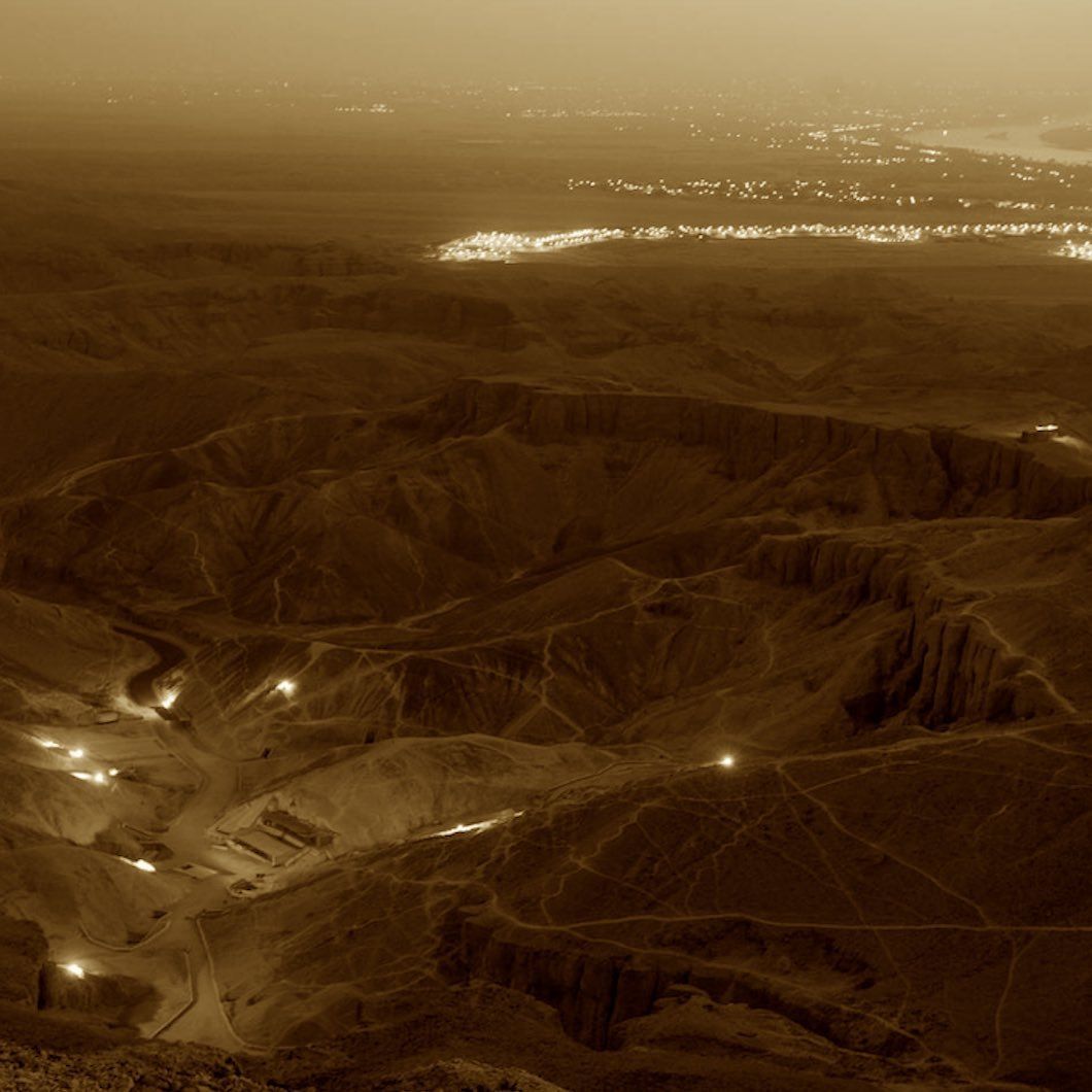 Valley of the Kings, rocky valley of the royal tombs near Luxor, sepia photograph