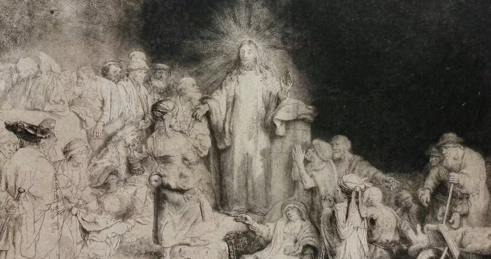 Etching by Rembrandt: Christ stands in the centre, surrounded by the sick, the pleading and the doubting, all seeking healing