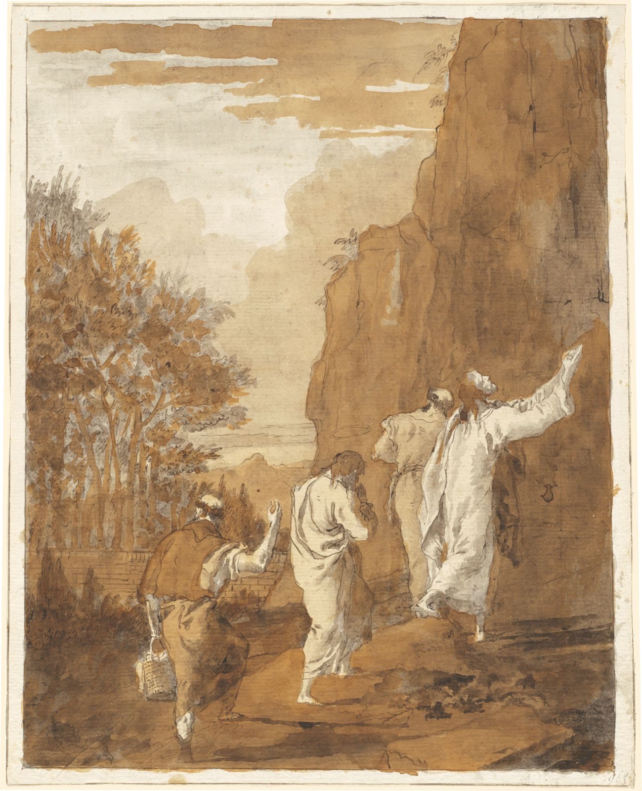 Lavierte Zeichnung in Sepiatönen: Christus in hellem Gewand hebt vor einer hohen Felswand den Arm zum Himmel, drei Begleiter folgen ihm auf dem Weg