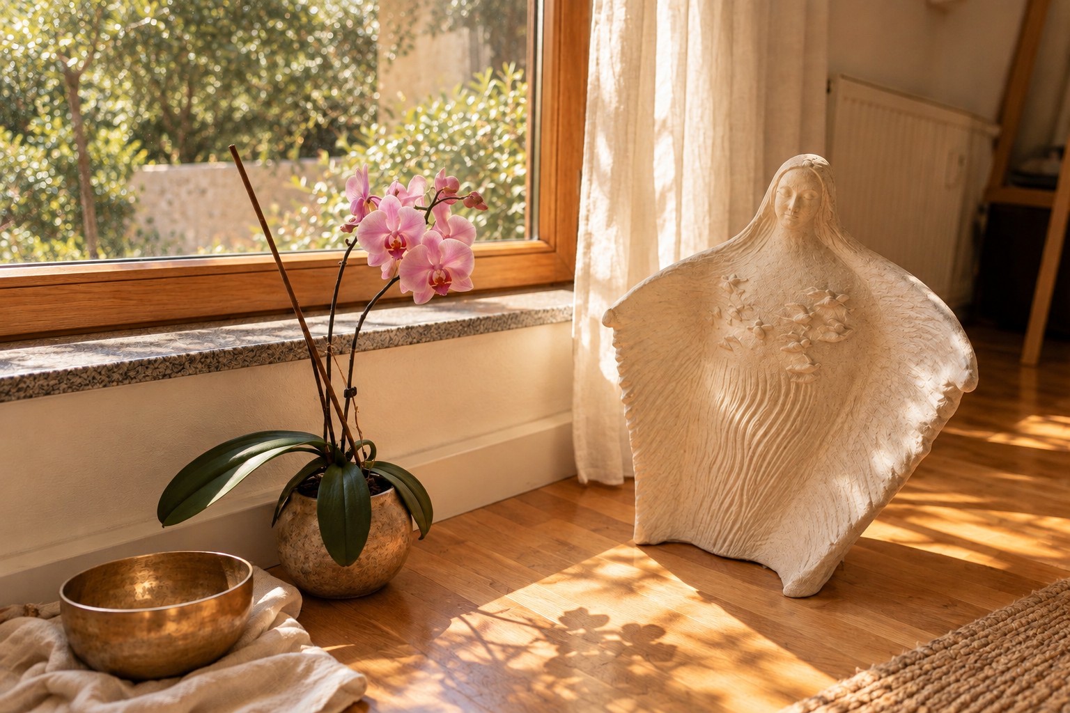 Sonnige Meditationsecke mit Klangschale, Orchidee und Engelsskulptur am Fenster zum Garten