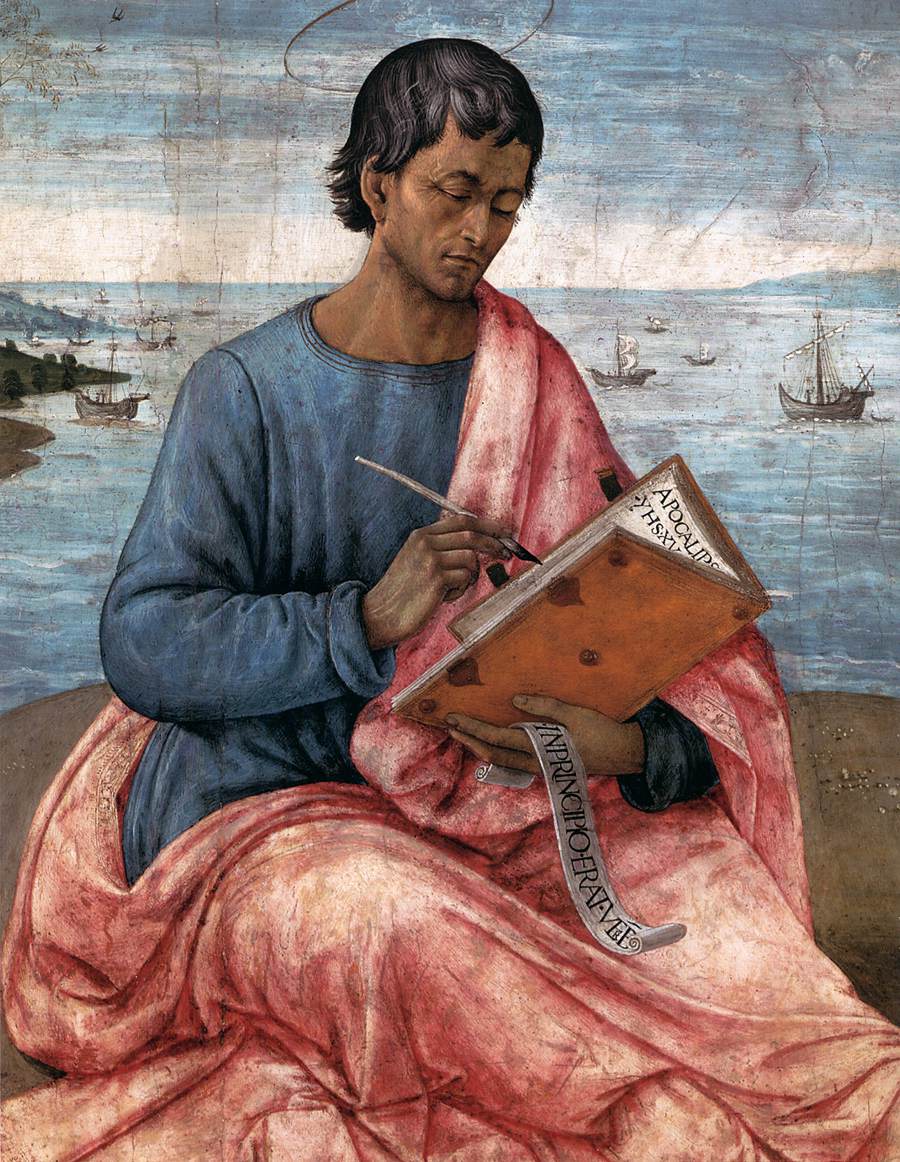 Gemälde von Domenico Ghirlandaio: Johannes in rosa Gewand schreibt am Meeresufer, neben ihm ein Adler